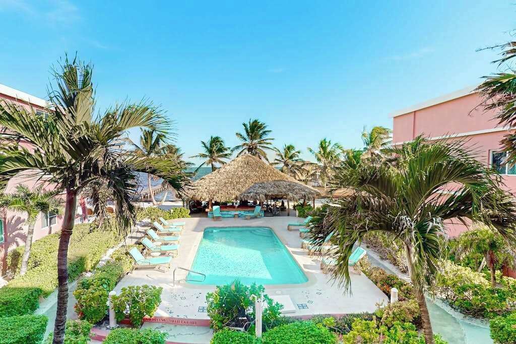 Ein Poolbereich mit Liegestühlen, Palmen und einer strohgedeckten Struktur.