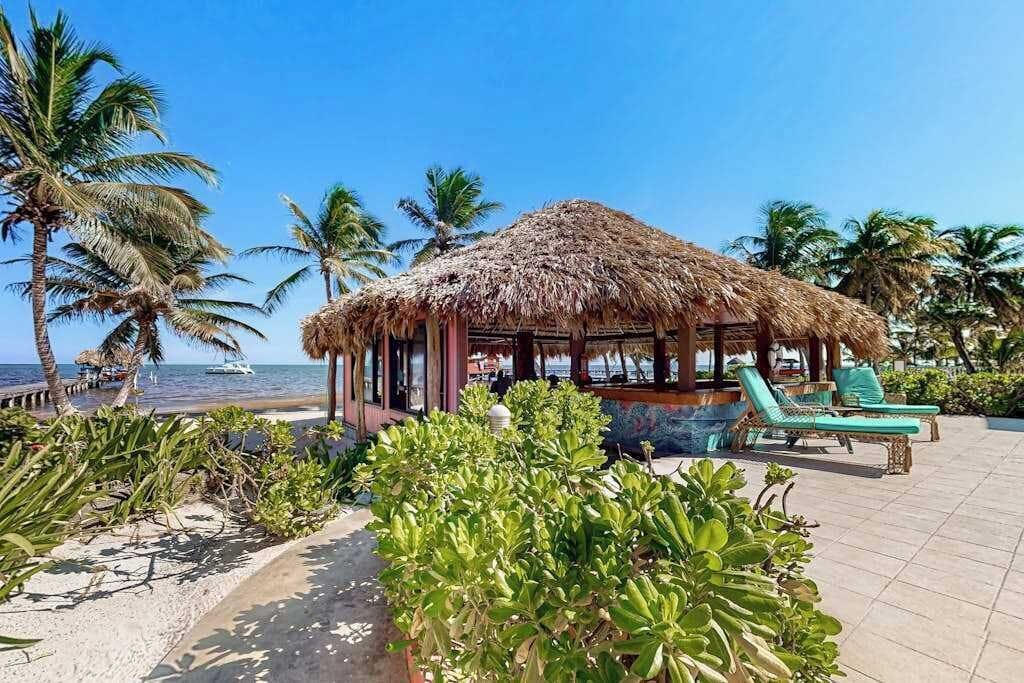 Uma cabana à beira-mar com telhado de palha, rodeada por palmeiras e uma área de estar com cadeiras.