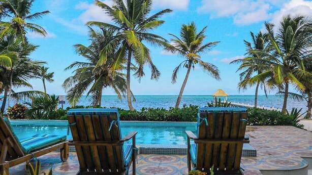 Un espace aménagé au bord de la piscine, avec des chaises longues, des palmiers et une vue sur l’océan.