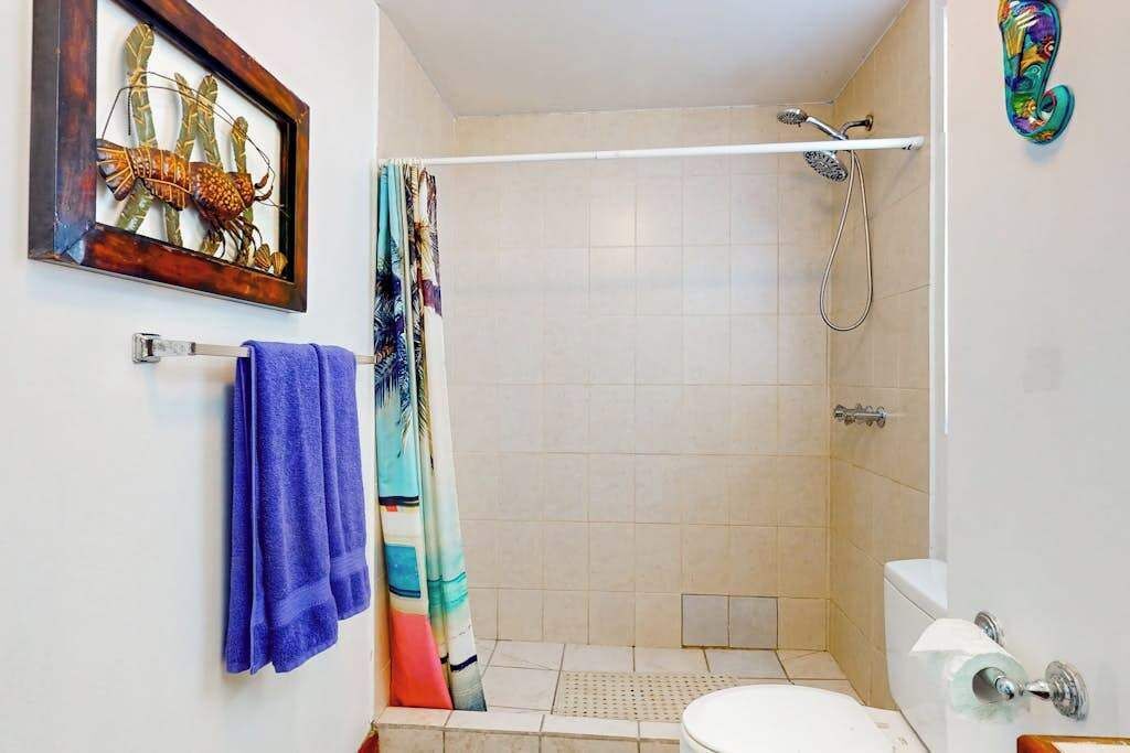 A bathroom with a shower, toilet, and a towel rack with a blue towel.