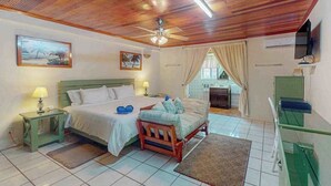 Quarto com uma cama, duas mesas de cabeceira, ventilador de teto, televisão e janela com cortinas.