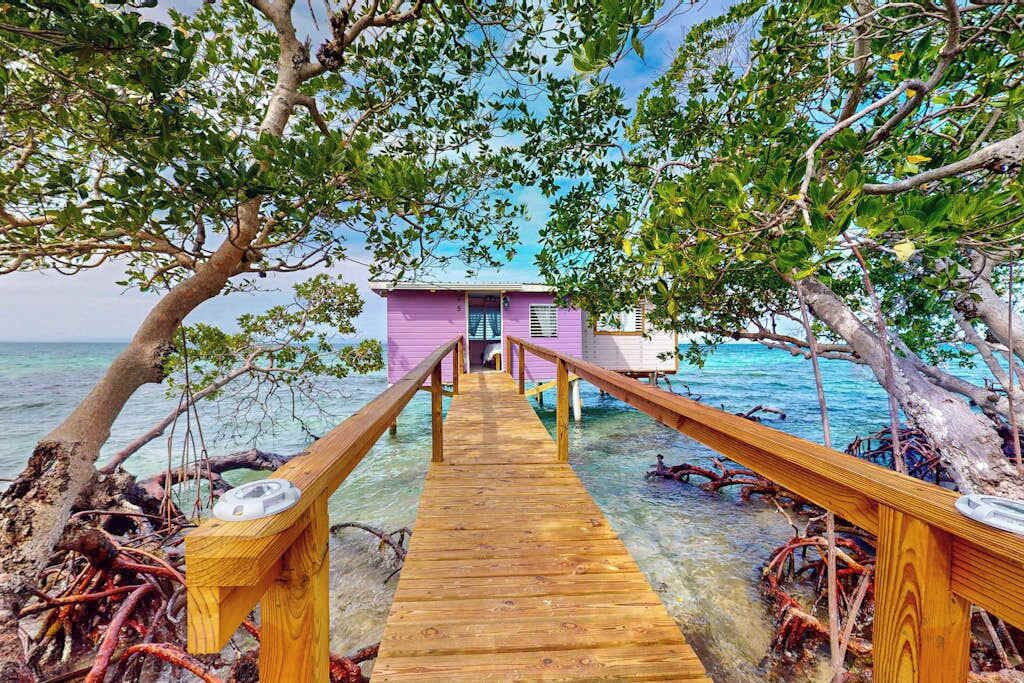 A wooden pier leading to a pink building surrounded by trees and clear water.