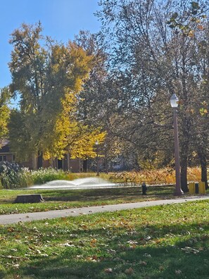 A park with a paved walkway, trees with yellow leaves, and a fountain. - The Shaw Collective-Botanical Garden/ZOO/The GROVE/Tower Grove Park (St. Louis)