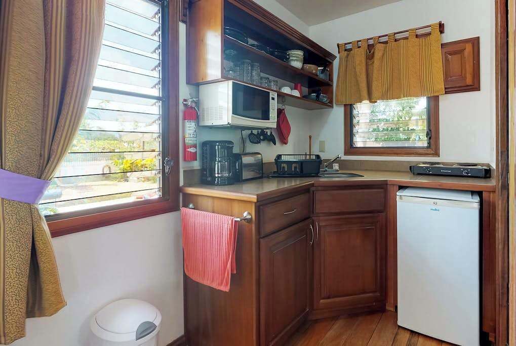 Microwave, stovetop, coffee/tea maker, electric kettle