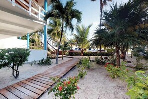 Terrace/patio - Beachfront, ocean-view getaway with shared pool, hammock, WiFi, & central AC (Placencia)