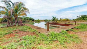 A wooden deck over a water body with palm trees and greenery. - Garden Casita | Pool Access & Mountain Views (Dangriga)