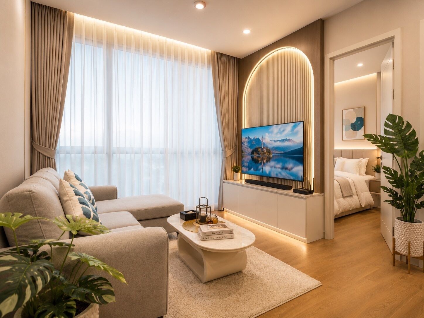 A modern living room with a sofa, coffee table, and a flat-screen TV on a stand.