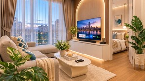 Ein modernes Wohnzimmer mit großem Fernseher, einer Couch, einem Couchtisch und Blick auf die Stadtlandschaft.