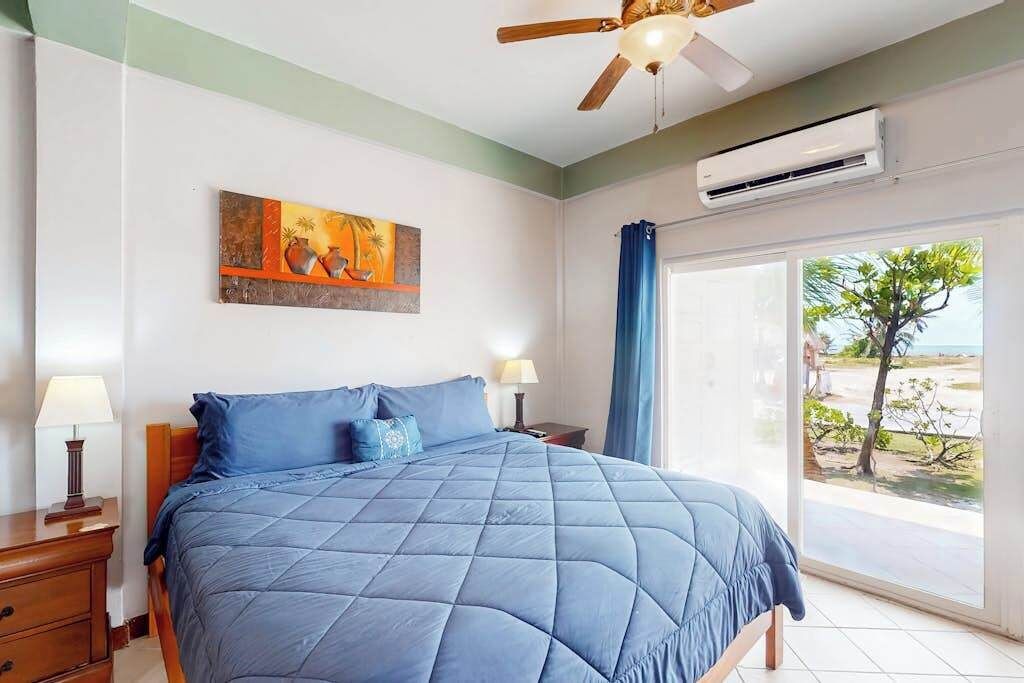 A bedroom with a bed, a ceiling fan, an air conditioning unit, a painting, and a view of the outdoors.