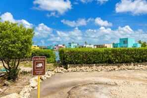 A caution sign warning of crocodiles in the area, a paved road, and colorful buildings in the background. - Apartment with WiFi, AC & shared outdoor pool - walk to the beach (San Pedro)