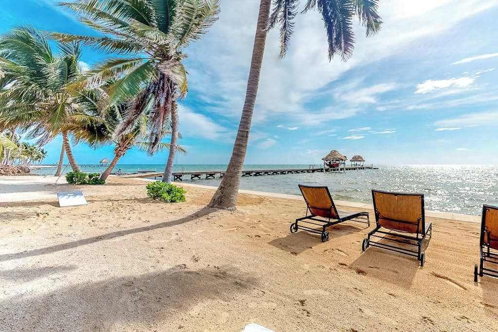 Een strand met palmbomen, een steiger en ligstoelen.