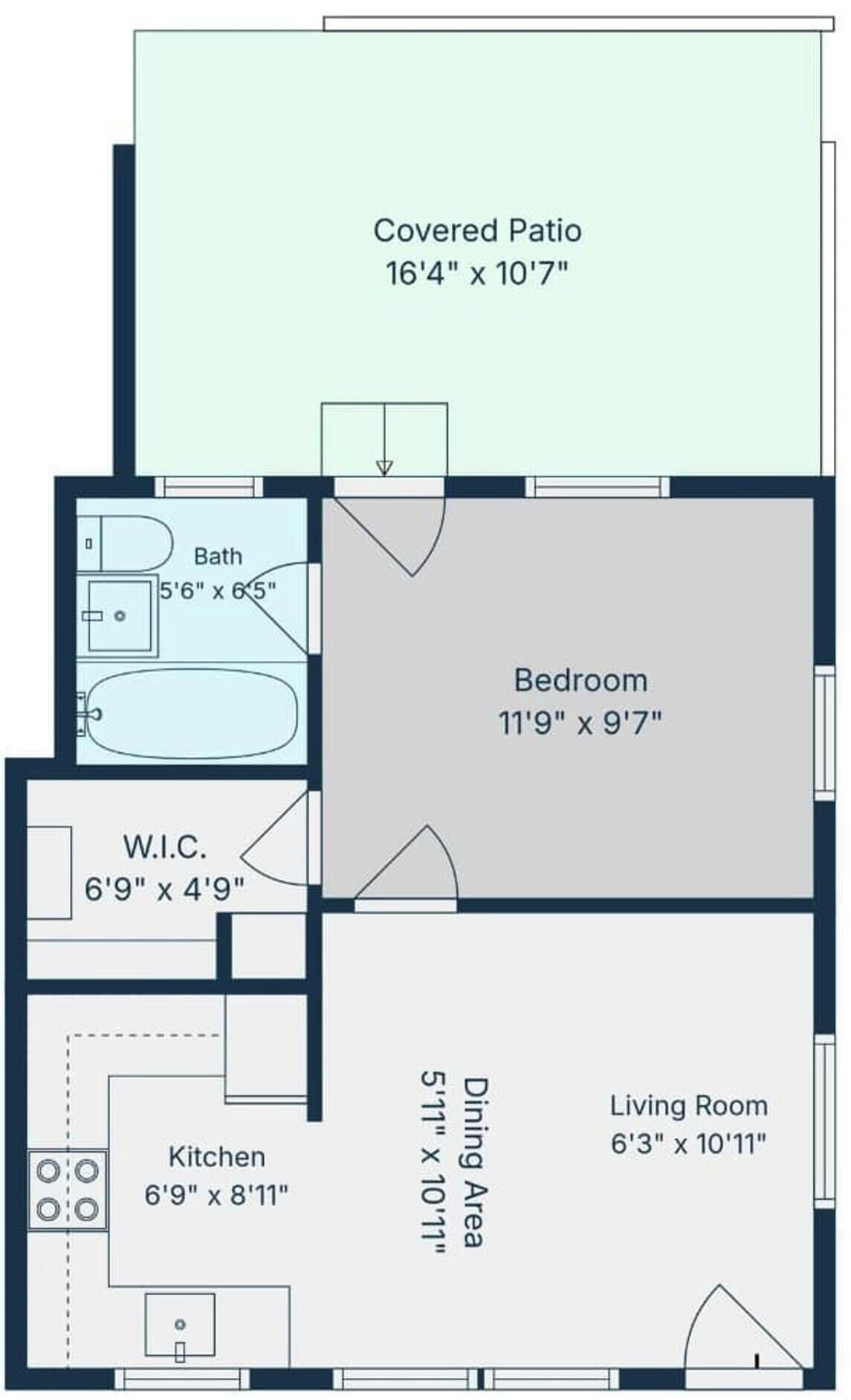 A floor plan with a covered patio, bedroom, W.C., kitchen, dining area, and living room.