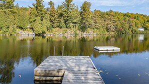 A calm lake with a wooden dock extending into the water, surrounded by dense trees and a clear sky.