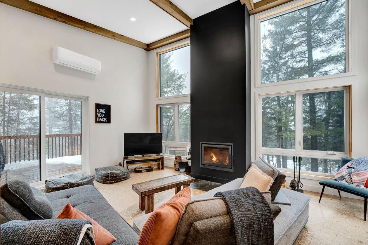 Smart TV, fireplace, books, stereo