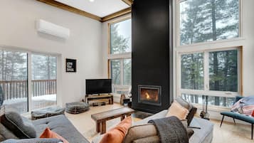 Smart TV, fireplace, books, stereo