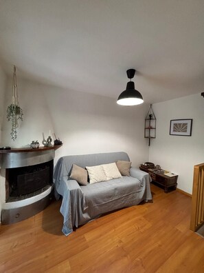 A cozy living room with a fireplace, a grey sofa, wooden flooring, and a hanging plant. - The Spiral House (Liguria)