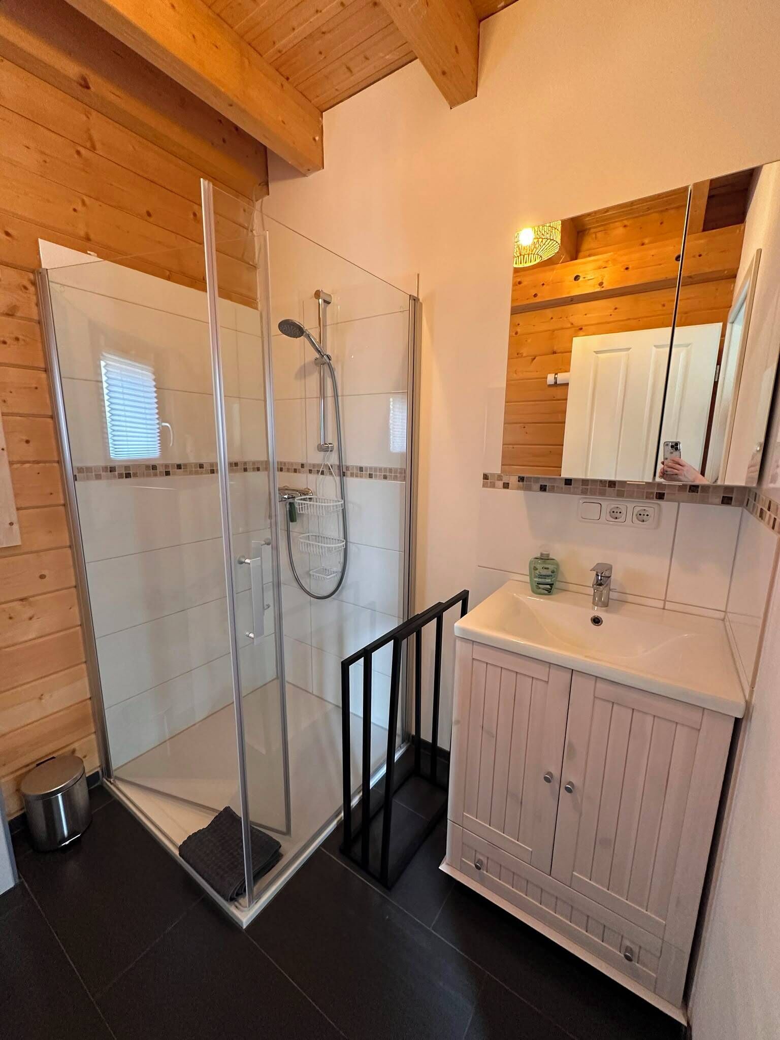 A modern bathroom with a glass shower enclosure, a wooden ceiling, a white sink with a cabinet, and a mirror above the sink.