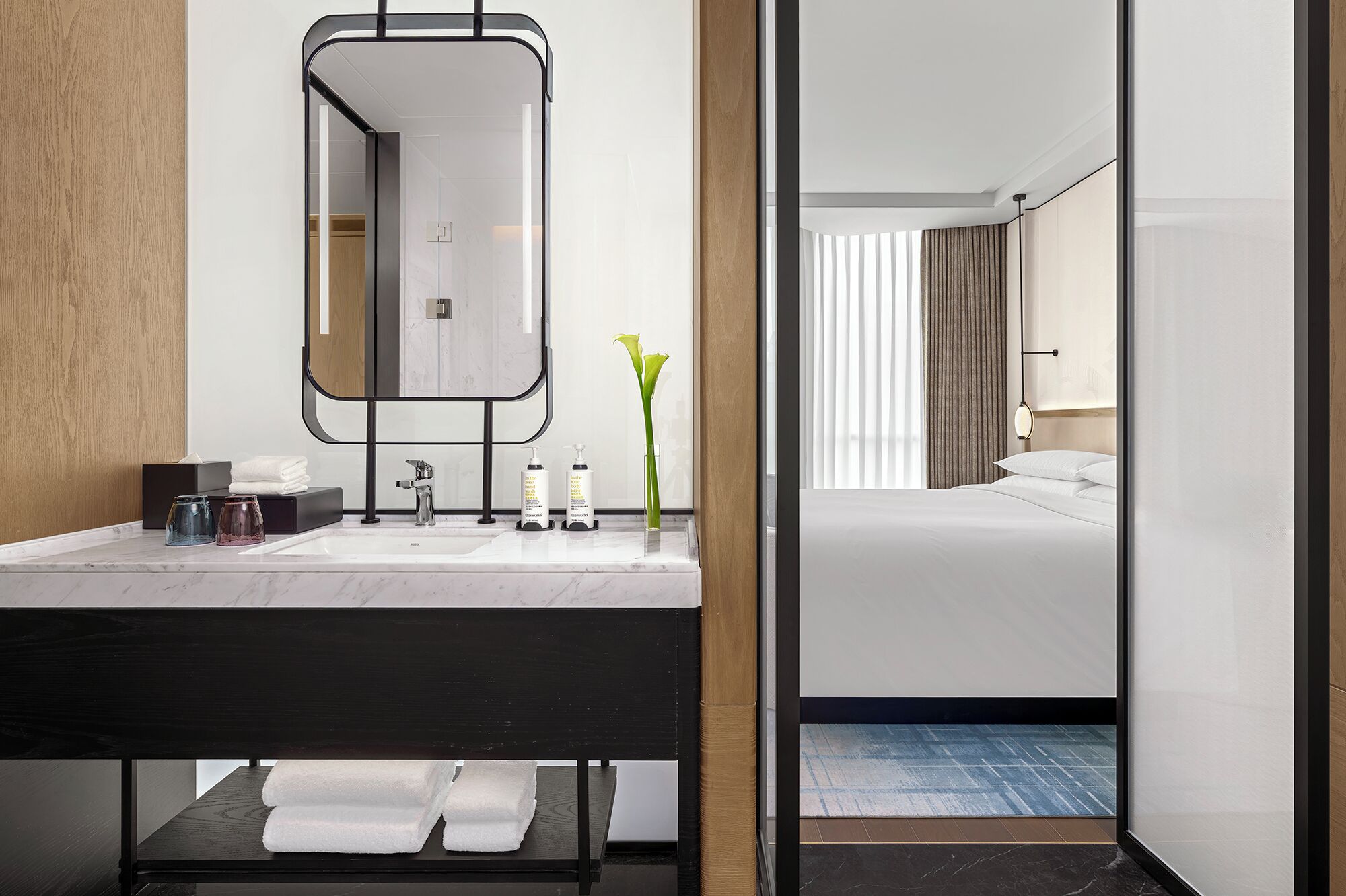 Hair dryer, bathrobes, slippers, towels