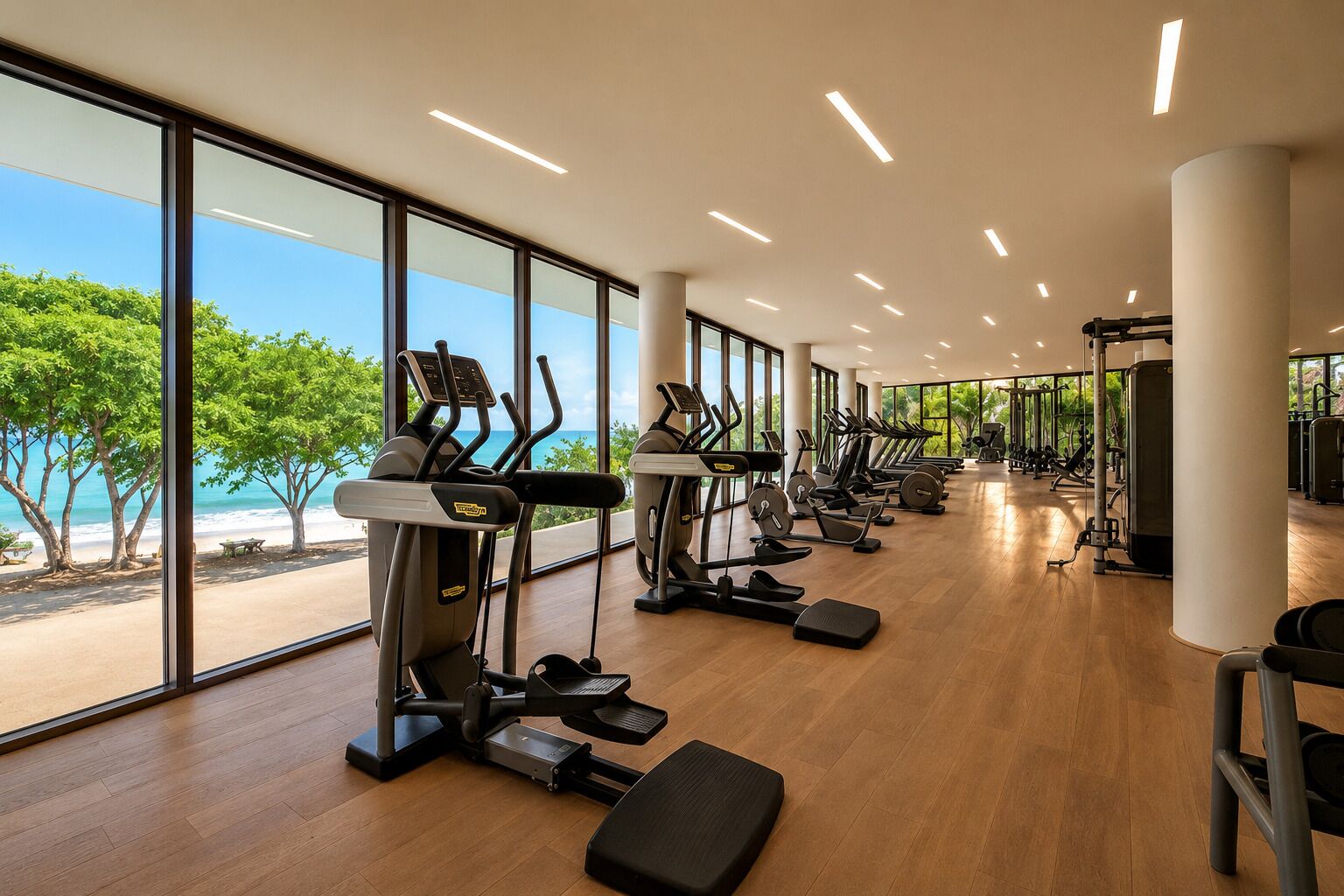 Une salle de sport équipée de machines de cardio, de postes de musculation et de grandes fenêtres donnant sur une plage.
