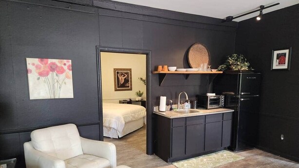 A compact living space with a kitchenette, a sofa, a bed, and a small dining area.