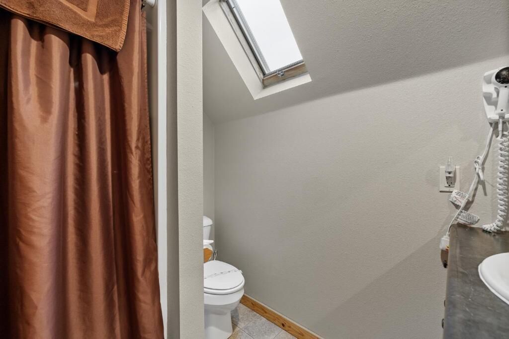 A bathroom with a toilet, a shower, a window, and a hairdryer on the wall.