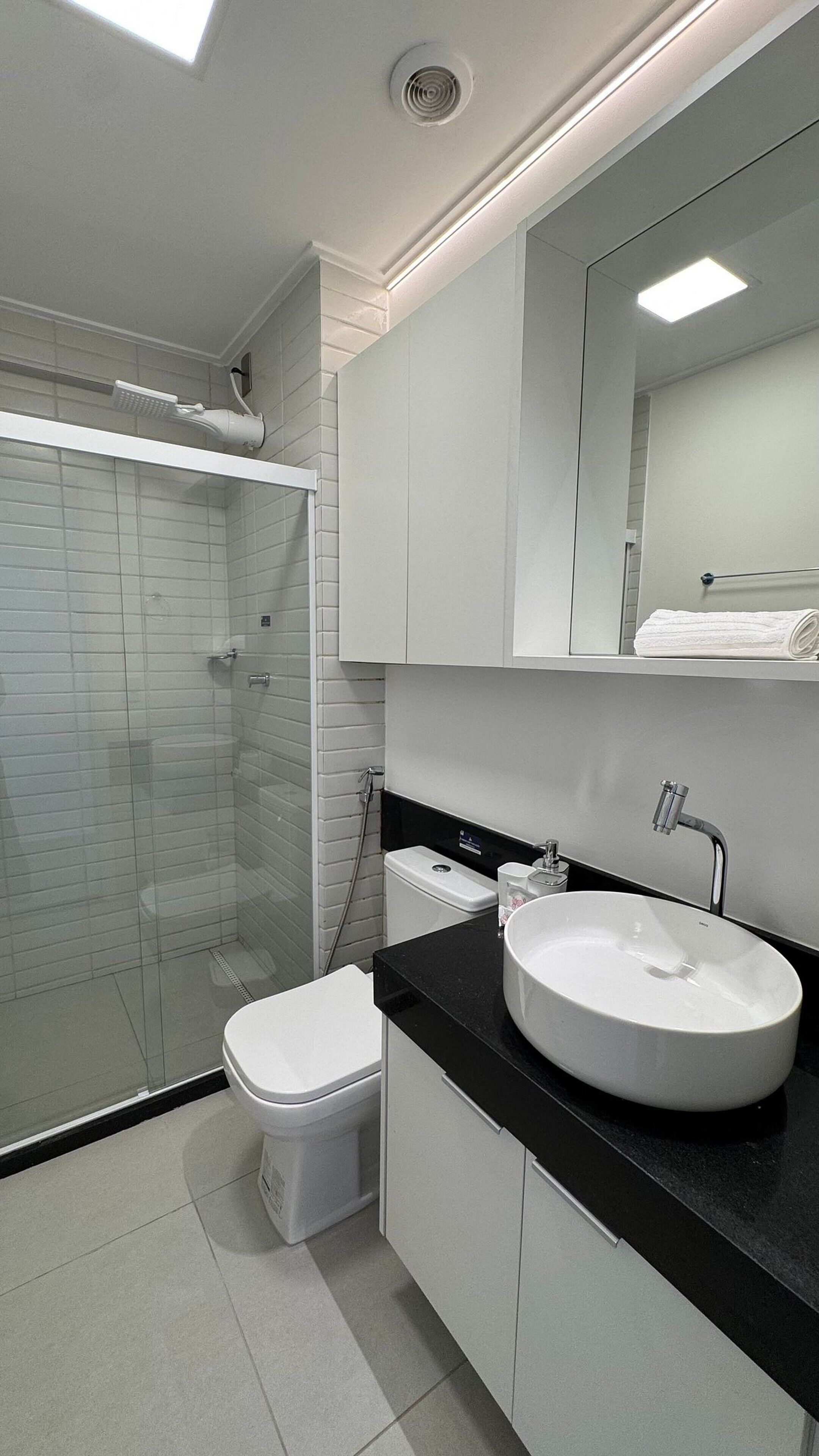 A modern bathroom with a glass shower enclosure, a white toilet, a black countertop, and a large mirror above the sink.