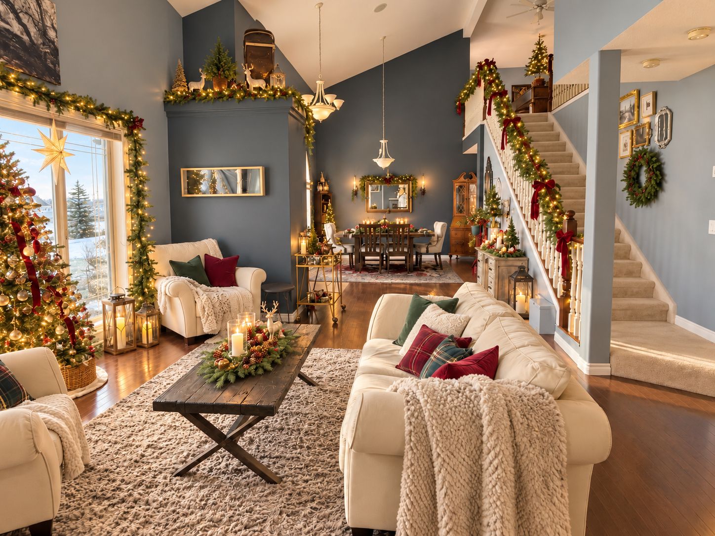 A spacious living room with a high ceiling, a staircase with festive decorations, and a large Christmas tree.