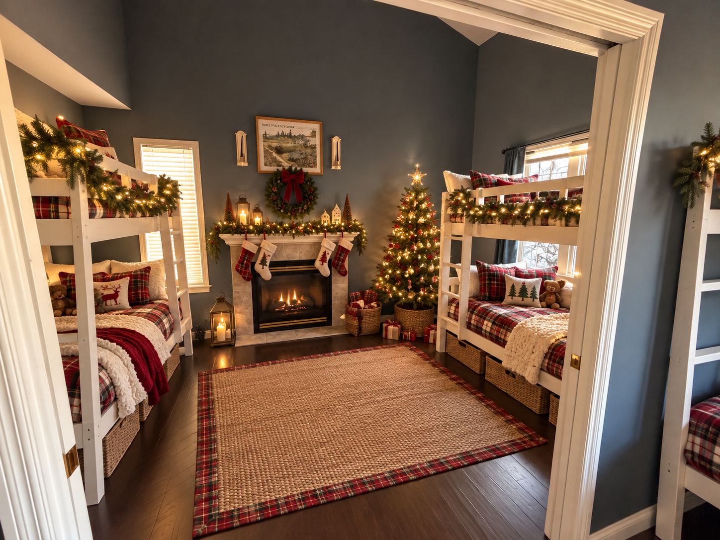 A cozy room with a fireplace, Christmas tree, and bunk beds.