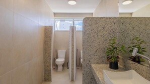 Casa de banho moderna com chuveiro, sanita e lavatório.