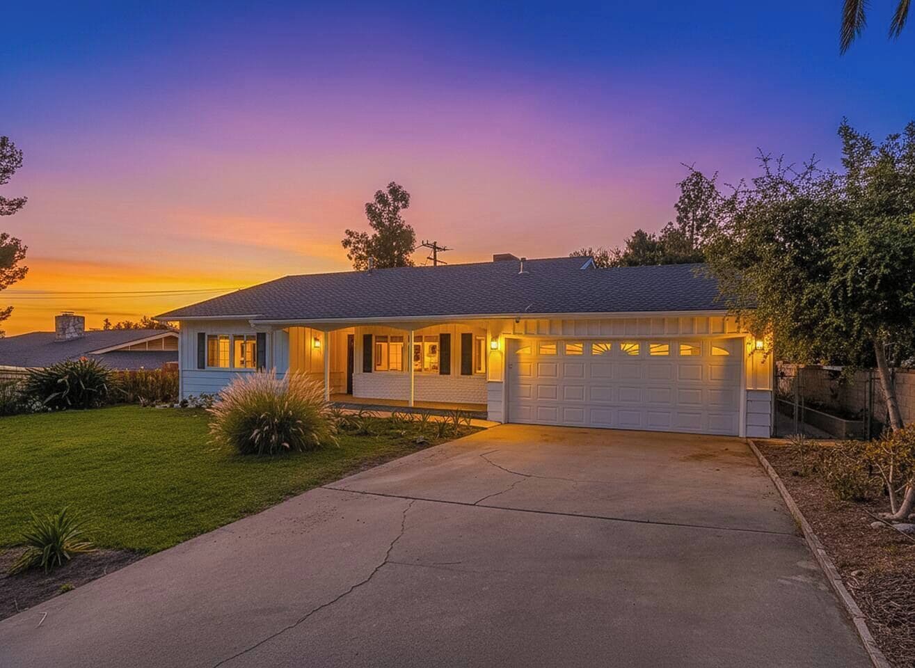 A single-story house with a garage, a driveway, and a well-maintained lawn.