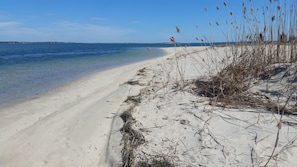 Ein Strand mit klarem Wasser, sandigem Ufer und spärlicher Vegetation.