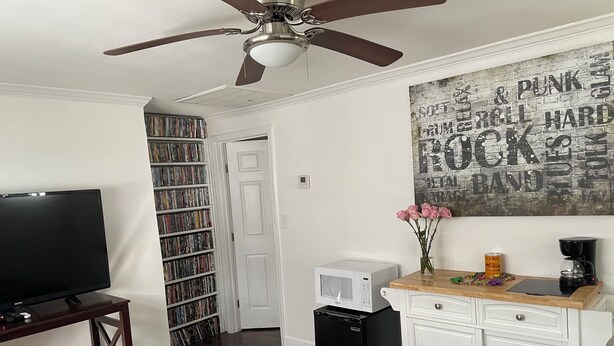 Ein Zimmer mit Deckenventilator, Fernseher, Bücherregal, Kühlschrank, Kaffeemaschine und einer Wand mit einem Rockband-Poster.