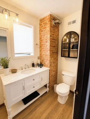 Hair dryer, towels, soap, shampoo