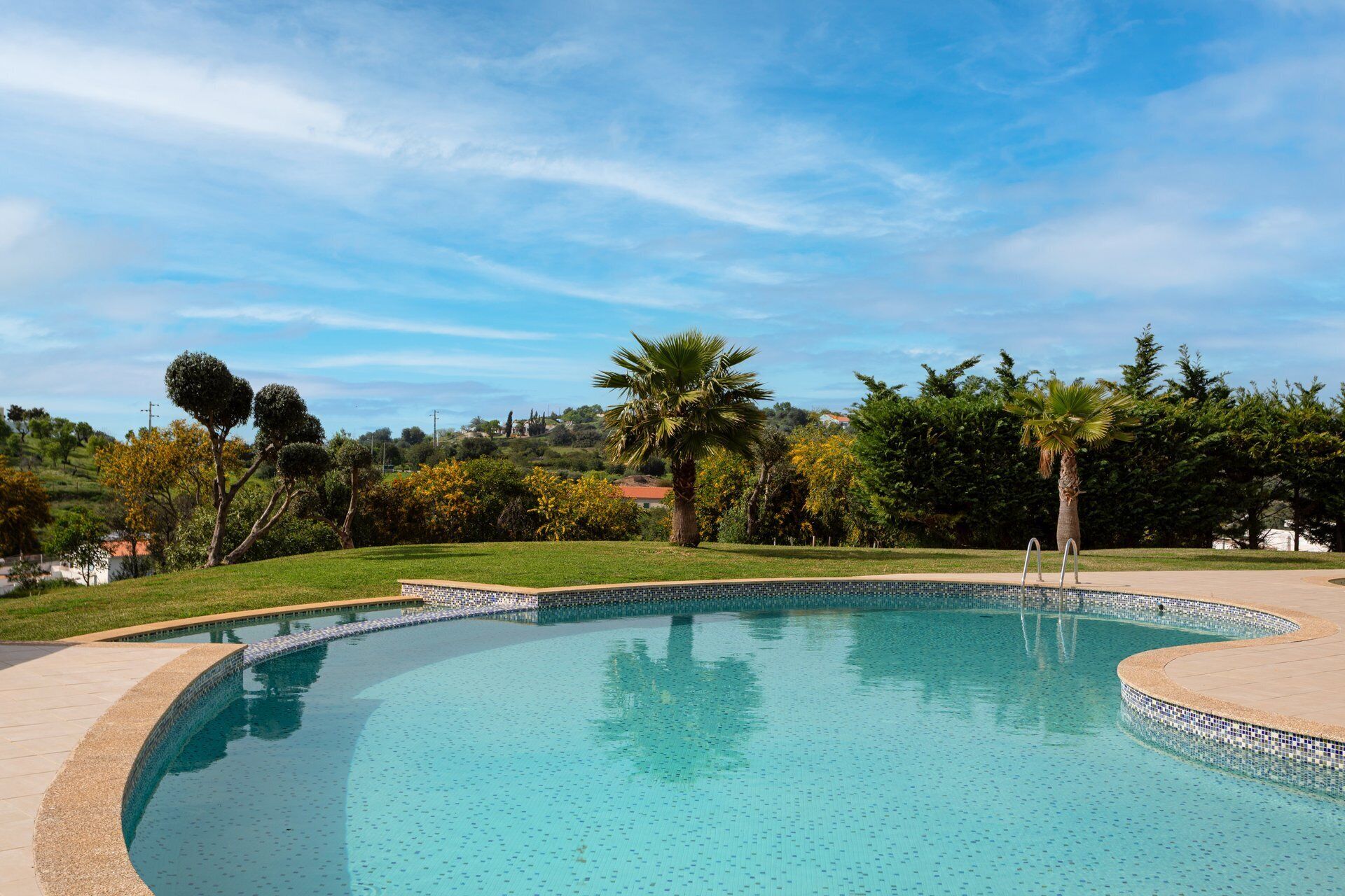 A swimming pool with a curved edge, surrounded by a paved deck and a grassy area with trees.