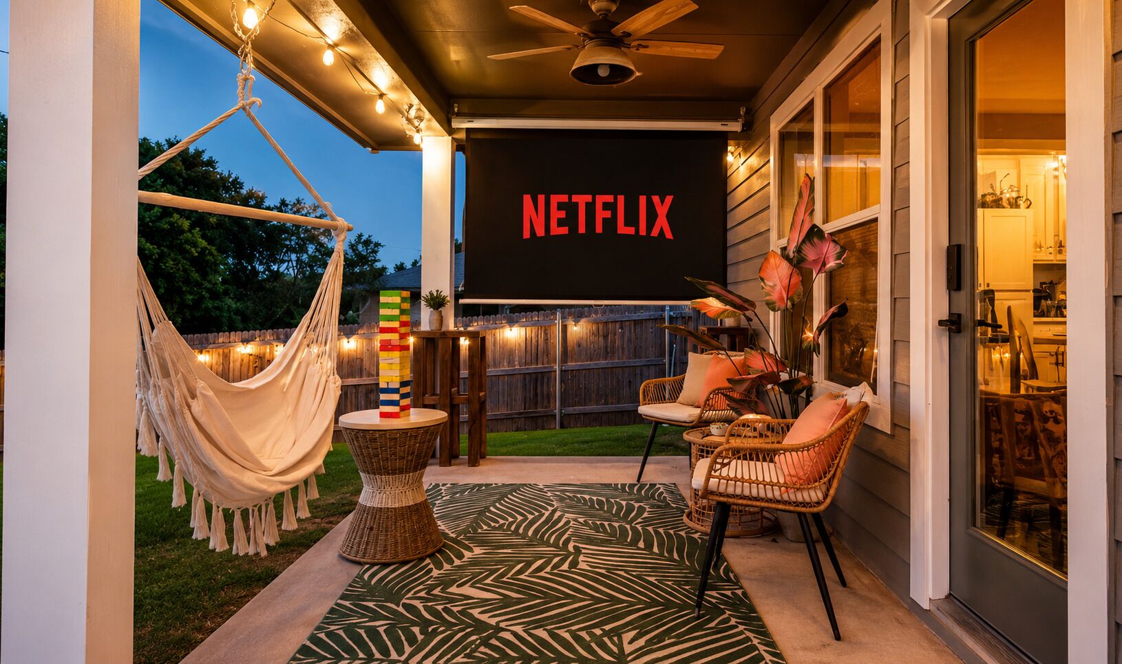 An outdoor patio area with a hammock, wicker furniture, and a Netflix sign.
