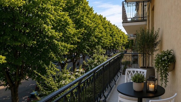 A balcony with a table and chairs, surrounded by greenery and a railing. - Cozy Apartment Overlooking the Main Square (Orsogna)