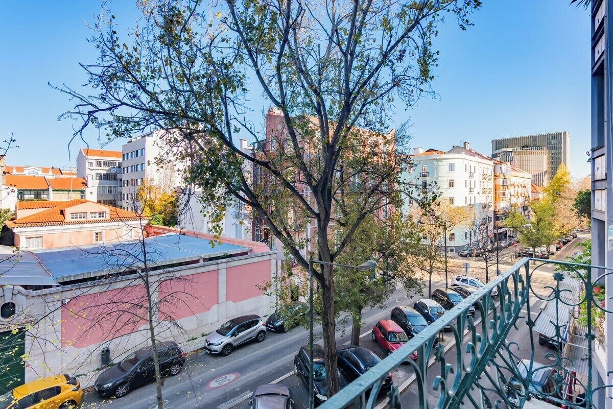 A city street with buildings, parked cars, and a tree.
