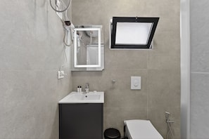 A modern bathroom with a sink, mirror, shower, and a window.