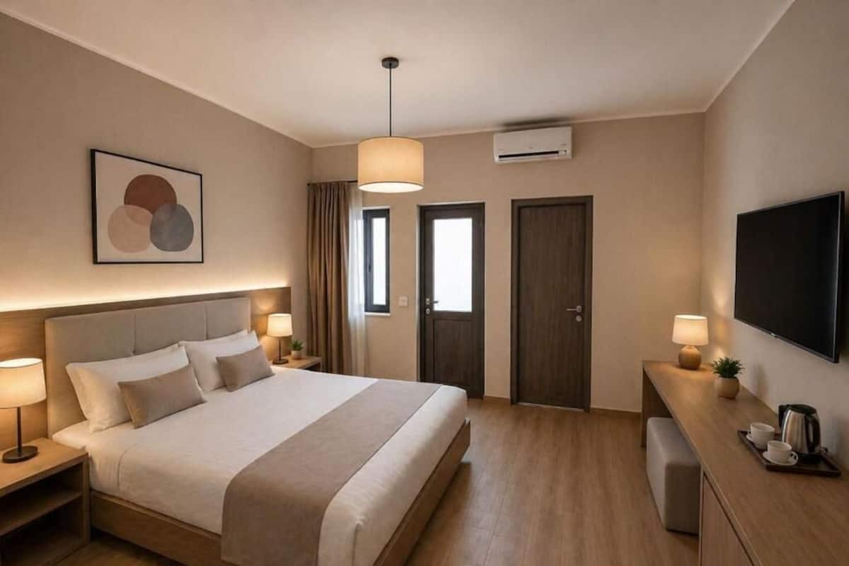 Ein Hotelzimmer mit Bett, Nachttischen, Schreibtisch, Fernseher und einer Tür.