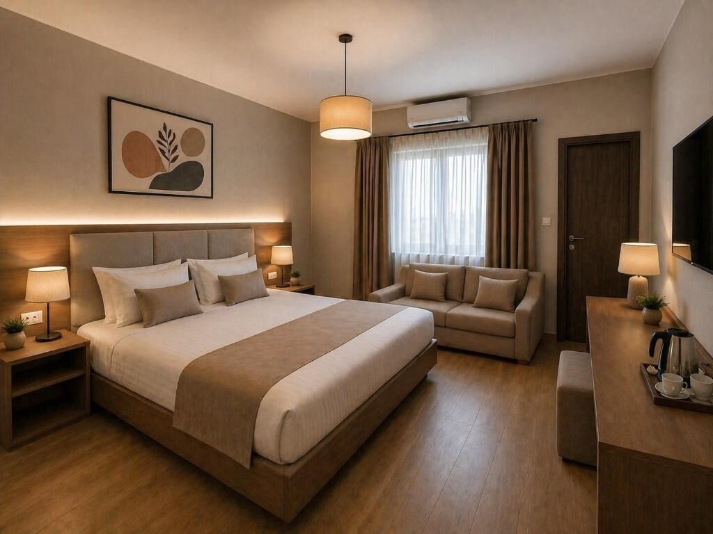 A hotel room with a large bed, a sofa, a desk with a lamp, and a TV.
