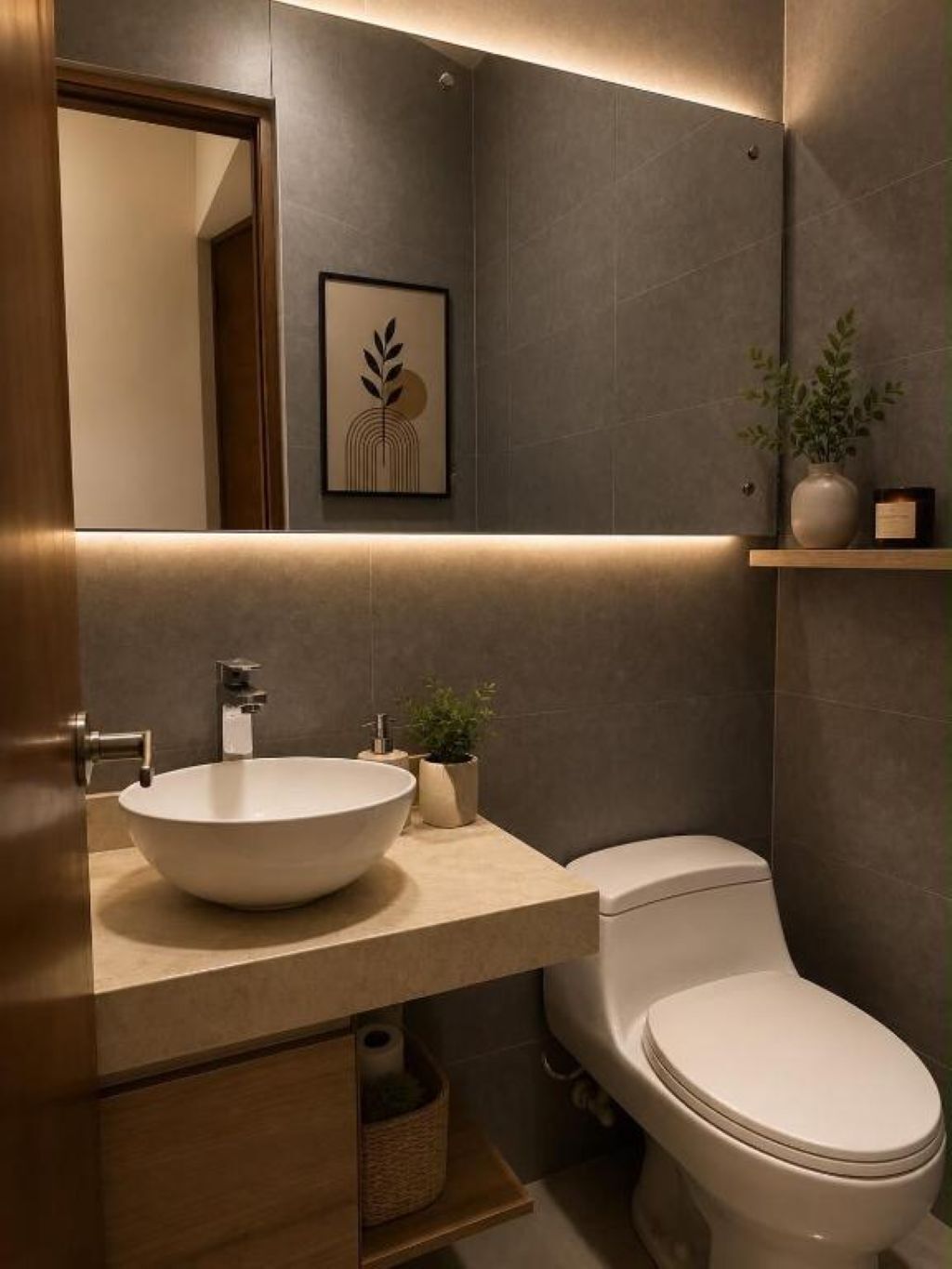 A modern bathroom with a large vessel sink, a toilet, and a framed artwork above the mirror.