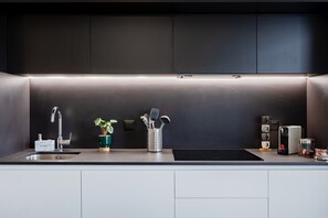 A modern kitchen with a built-in sink, a small potted plant, a utensil holder, and a coffee machine. - Antas Green Executive (Porto)
