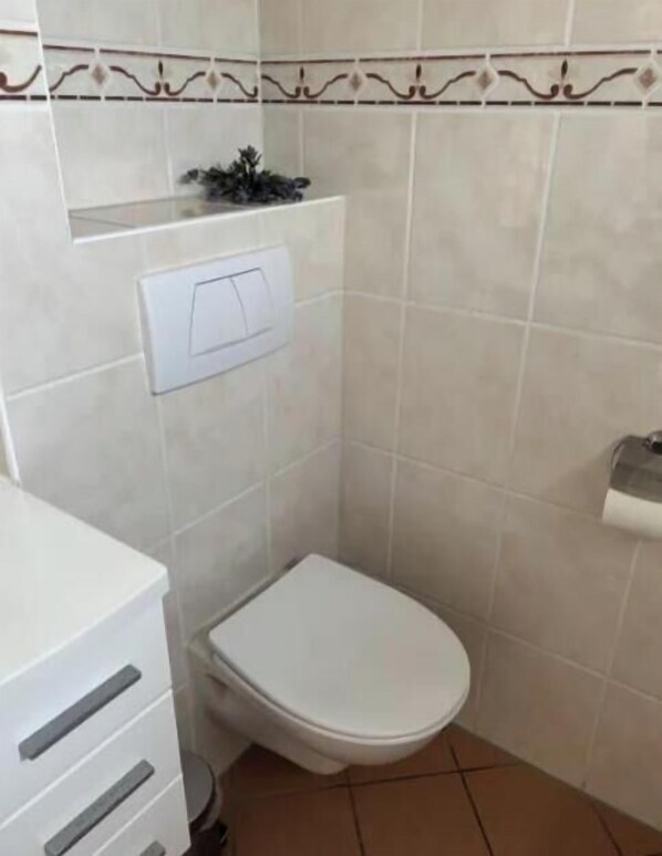 A small bathroom with a toilet, a shelf with a plant, and a toilet paper holder. - The Fisherman's Cottage (Egmond aan Zee)