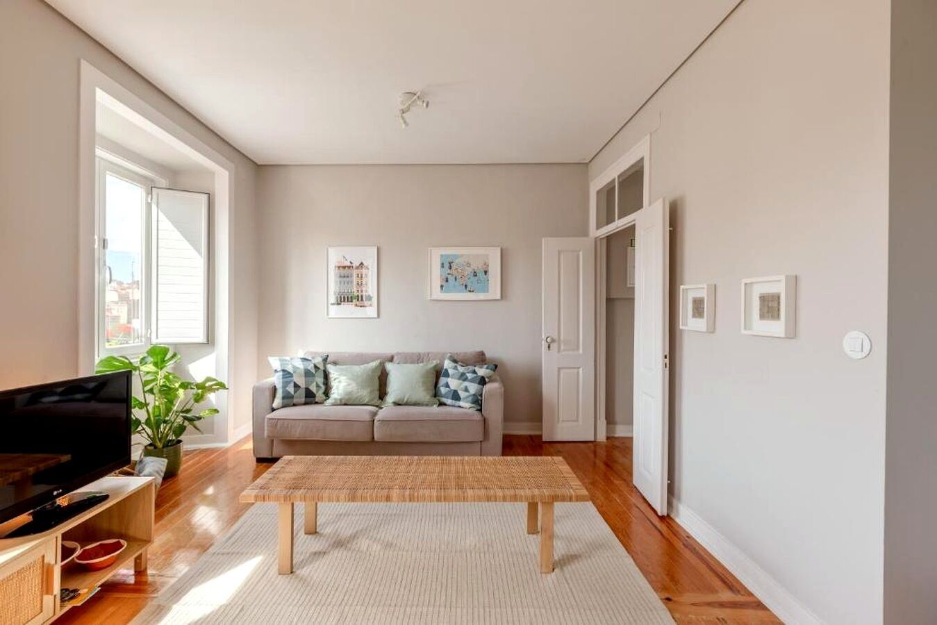 A living room with a sofa, a coffee table, a television, and a potted plant.