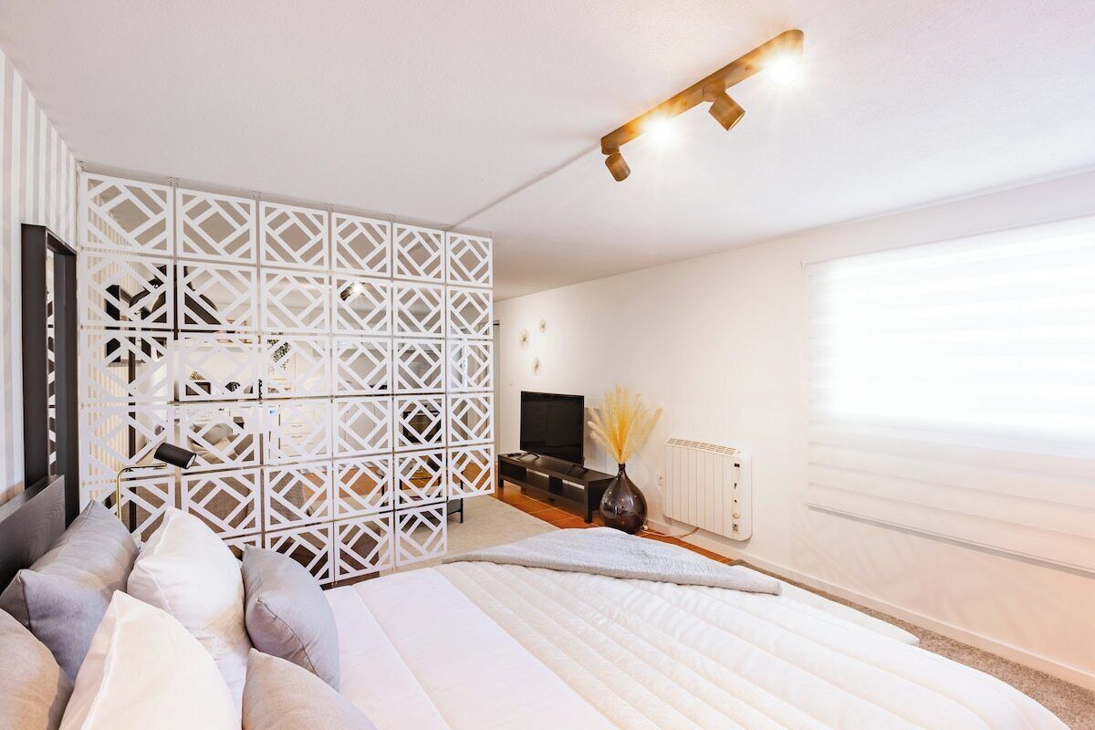 A modern bedroom with a bed, a TV, a white partition, and a radiator.