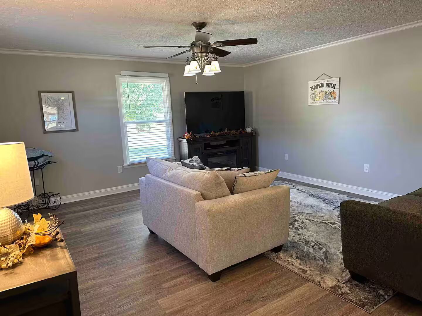 A living room with a sofa, a television, a fireplace, and a ceiling fan.
