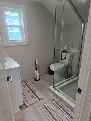 Shower, towels, toilet paper -  Life on the River  a 3-bedroom house with AC  and a great view of the river. (Algonac)