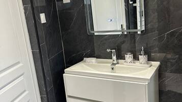 Shower, hair dryer, towels, toilet paper