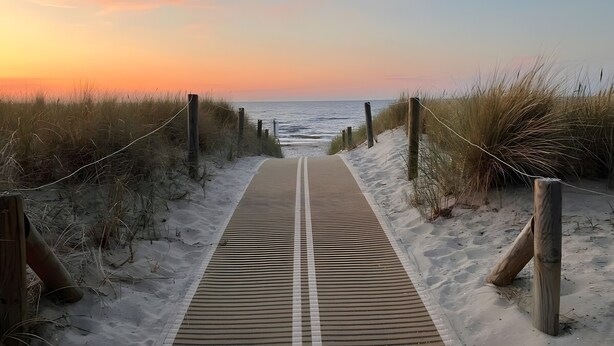 A pathway leading to the beach with wooden posts and a metal railing. - Apartment Ariane with Wi-Fi (Zempin)