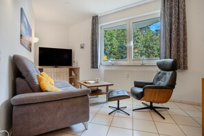 A modern living room with a sofa, a chair, a TV, and a window with curtains. - Apartment Ariane with Wi-Fi (Zempin)